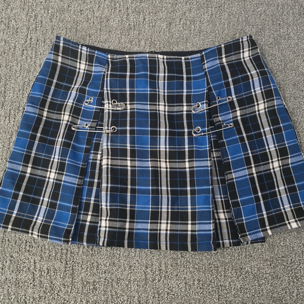 Vintage Lip Service Blue Plaid Punk Mini Skirt Safety Pins Goth Y2K Grunge L